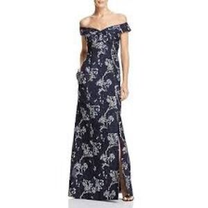 Aidan Mattox Navy Blue Metallic Floral Off-Shoulder Gown | Size 8